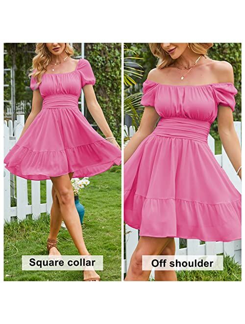 EXLURA Women's Tie Back Square Neck Short Puff Sleeve Summer Dress A Line Sundress Short Mini Dress