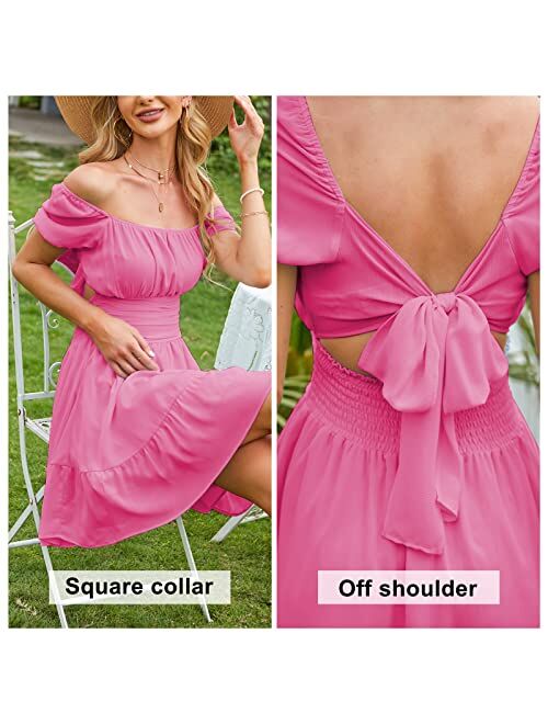 EXLURA Women's Tie Back Square Neck Short Puff Sleeve Summer Dress A Line Sundress Short Mini Dress