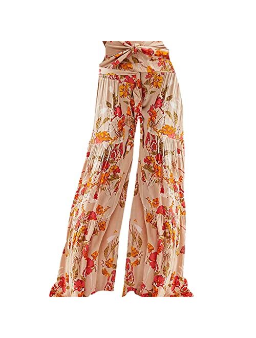 Roevite Boho Wide Leg Pants for Women High Waist Summer Flowy Beach Palazzo Pants with Belt Loose Yoga Trousers