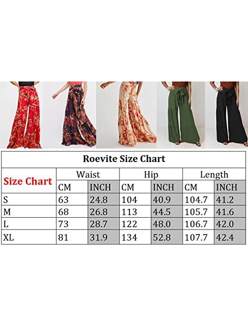 Roevite Boho Wide Leg Pants for Women High Waist Summer Flowy Beach Palazzo Pants with Belt Loose Yoga Trousers