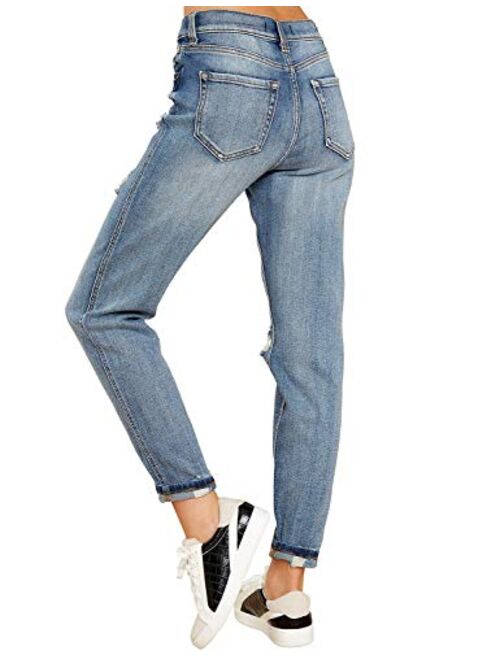 luvamia Women's Casual Ripped Jeans Elastic Waist Slim Boyfriend Jeans Denim Pants