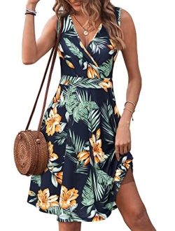 GUBERRY Womens Wrap V Neck Sleeveless Sundress Summer Flare Tank Dress with Pockets