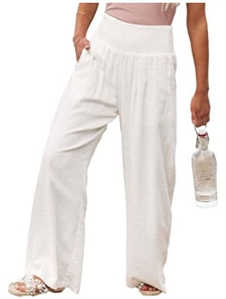 Bozanly Women's Lounge High Waist Cotton Linen Wide Leg Palazzo Comfy Flowy Pants with Pockets