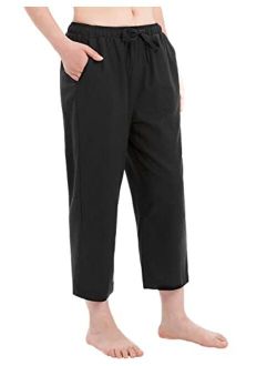 Bonnorth Women's Cotton Linen Drawstring Elastic Waist Loose Wide Leg Cropped Pants with Pockets