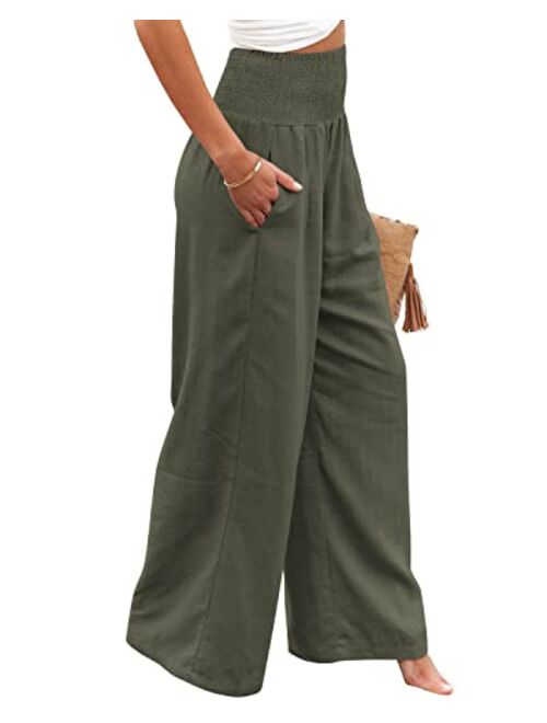 Yanekop Women Casual Wide Leg Palazzo Lounge Pants High Waist Smocked Trousers with Pockets