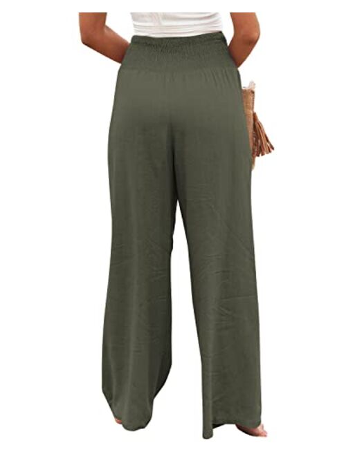 Yanekop Women Casual Wide Leg Palazzo Lounge Pants High Waist Smocked Trousers with Pockets