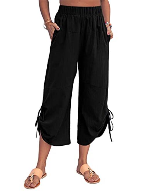 Lanliun Women Linen Shift Harem Pants Casual Summer Loose Comfy Drawstring Wide Leg Crop Trousers with Pockets
