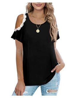Sousuoty Cold Shoulder Tops for Women Casual Summer Shirts Cute Lace Blouses