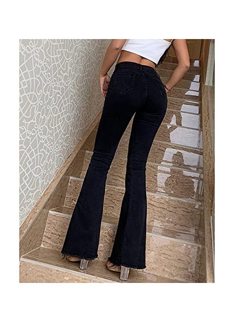 HETIPR Women's High Waisted Flare Bell Bottom Jeans Butt Lifting Raw Hem Denim Pants