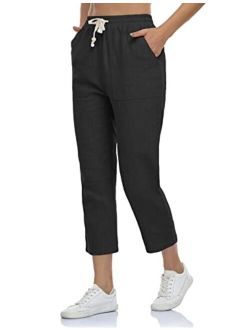 sherelie Women's Linen Ankle Pants Drawstring with 4 Pockets High-Rise Lounge Casual Pull-On Pants
