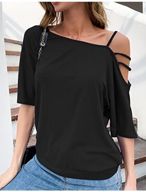 Traleubie Womens One Off Shoulder Casual Tops Short Sleeve Blouse Shirts