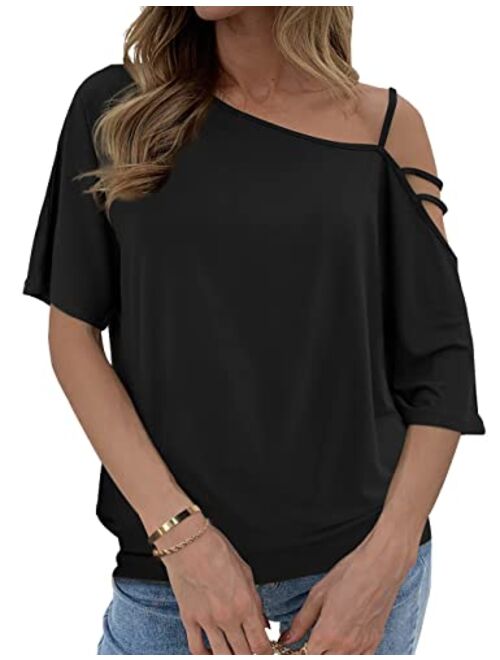 Traleubie Womens One Off Shoulder Casual Tops Short Sleeve Blouse Shirts