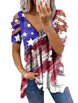 Essential Cocoon Womens American Flag Star Striped Lace Cold Shoulder T-Shirts 4th of July Independence Day Graphic Shirts