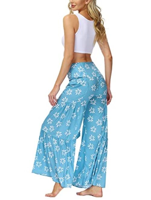 ALBIZIA High Waist Wide Leg Pant for Women Summer Casual Boho Floral Beach Pants Bohemian Belted Trousers