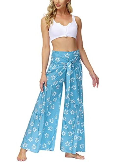 ALBIZIA High Waist Wide Leg Pant for Women Summer Casual Boho Floral Beach Pants Bohemian Belted Trousers