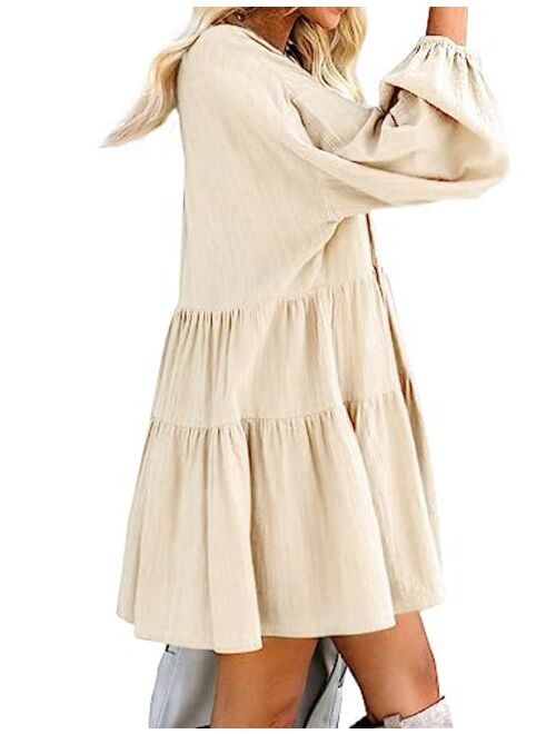 FANCYINN Women’s Cute Shift Dress with Pockets Bell Sleeve Ruffle Hem V Neck Loose Swing Tunic Mini Dress