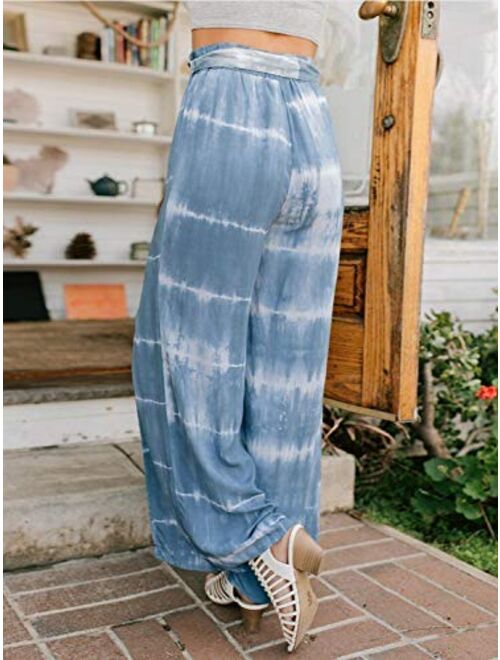 Eteviolet Boho High Waisted Pants for Women, Leopard Wide Leg Flowy Pants