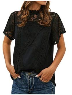 ZXZY Women Cute Lace Blouse Top Short Sleeve Lace Hollow Out Turtle Neck T Shirt