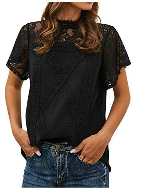 ZXZY Women Cute Lace Blouse Top Short Sleeve Lace Hollow Out Turtle Neck T Shirt