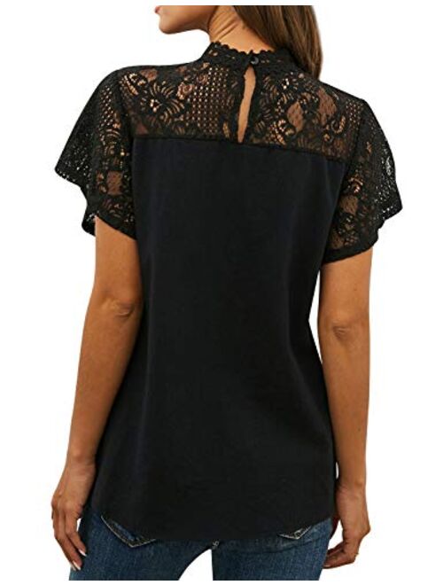 ZXZY Women Cute Lace Blouse Top Short Sleeve Lace Hollow Out Turtle Neck T Shirt