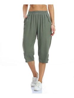 PEIQI Women's Linen Capri Pants Elastic Waist Summer Cropped Trousers with Pockets