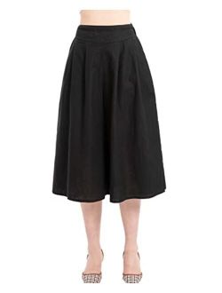 Lisskolo Women's Baggy Linen Wide Leg Palazzo Capris Pull On Embriodered Solid Summer Beach Cropped Culottes Pants Pocketed