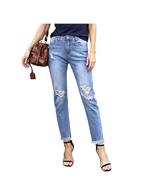 LONGYIDA Womens Ripped Boyfriend Jeans High Waisted Relaxed Fit Jeans for Women Stretch Distressed Denim Ankle Pants