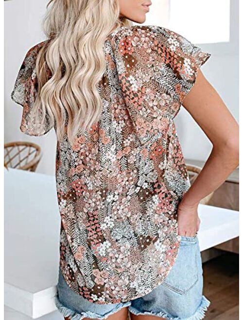 SimpleFun Women's Boho Tops Floral V Neck Short Sleeve Summer Blouse Shirts