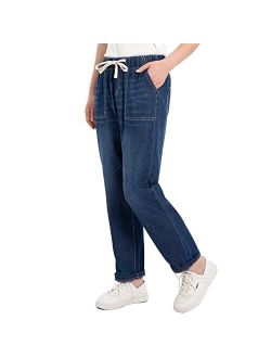 ThCreasa Womens Casual Elastic Waist Pull On Jeans Lightweight Drawstring Denim Pants