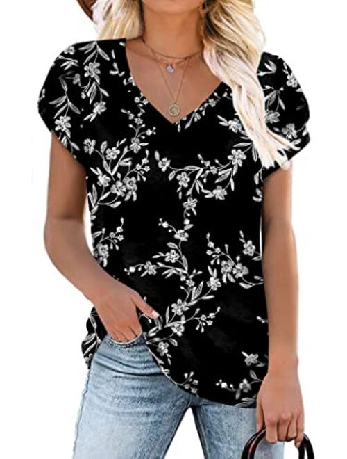 CATHY Womens 2022 Summer Casual T-Shirts V Neck Petal Short Sleeve Tops Loose Comfy Blouse Lightweight Cute