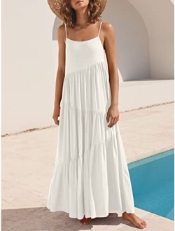 Womens Summer Casual Loose Sleeveless Spaghetti Strap Asymmetric Tiered Beach Maxi Long Dress