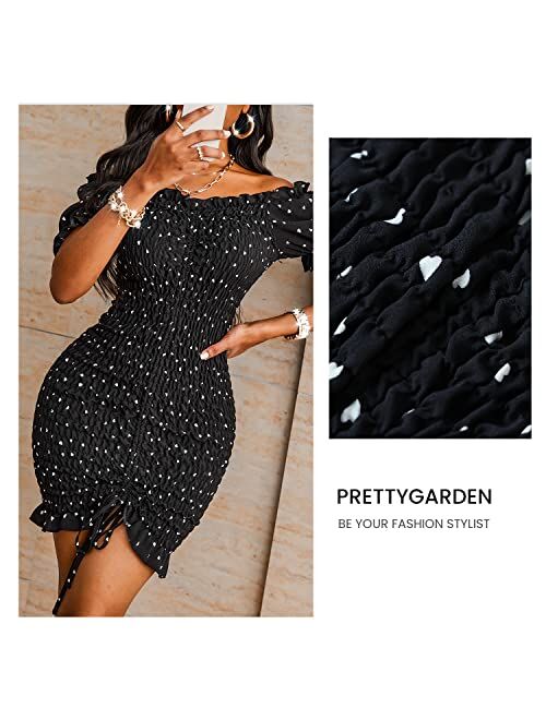 PRETTYGARDEN Women's Summer Off Shoulder Bodycon Dresses Short Sleeve Drawstring Sexy Mini Party Club Smocked Dress