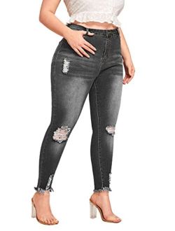 JCBYTJSW Women's Plus Size Skinny Fit Stretch Jeans High Waisted Ripped Jeans Women Soft Comfort Destroyed Denim Pants