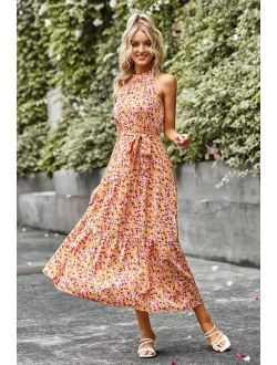 Women's Summer Floral Maxi Sun Dress Sleeveless Halter Neck Flowy Ruffle Hem Long Boho Dresses with Belt