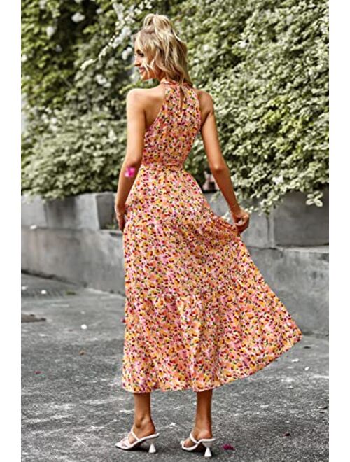 PRETTYGARDEN Women's Summer Floral Maxi Sun Dress Sleeveless Halter Neck Flowy Ruffle Hem Long Boho Dresses with Belt