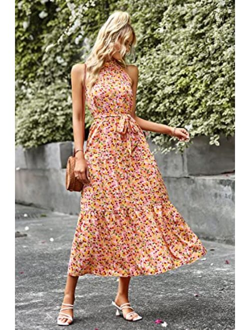 PRETTYGARDEN Women's Summer Floral Maxi Sun Dress Sleeveless Halter Neck Flowy Ruffle Hem Long Boho Dresses with Belt