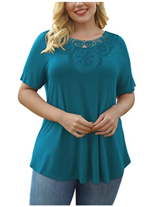 VERABENDI Womens Plus Size Tops Crochet Lace Trim Blouses Summer Dressy Pleated Tunic Tops Short Sleeve Tees Shirts M-4XL