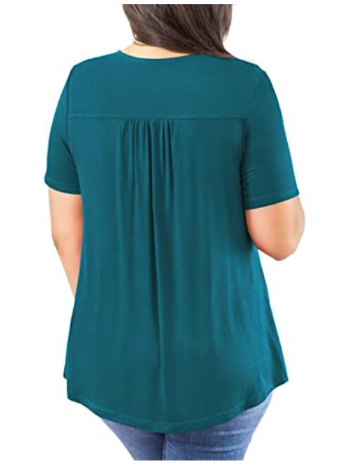 VERABENDI Womens Plus Size Tops Crochet Lace Trim Blouses Summer Dressy Pleated Tunic Tops Short Sleeve Tees Shirts M-4XL