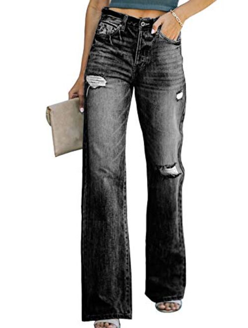 Dokotoo Women High Rise Ripped Flare Jeans Distressed Denim Pants Jeans