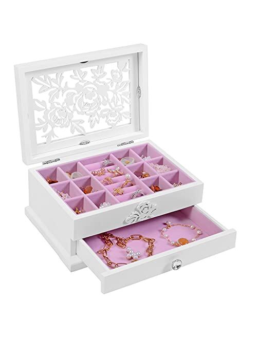 SONGMICS Girls Jewelry Box Wooden Flower Carving Organizer Storage Case 2 Tier with Drawer DIY, White and Pink UJOW201