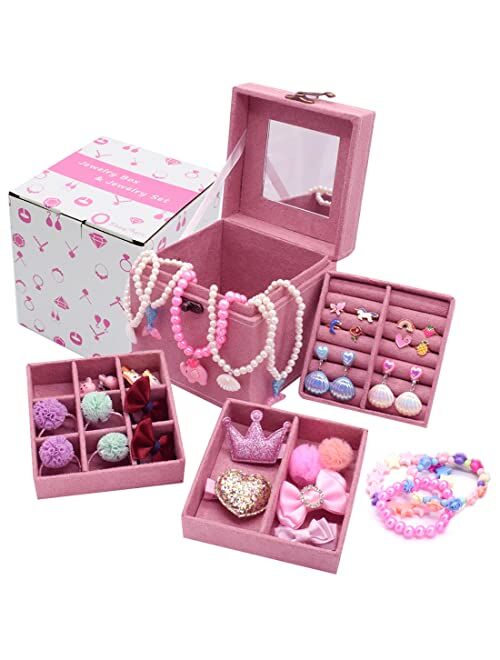ShaqMars Little Girl Kids 3 Layer Lint Jewelry Box with Mirror and 35 Pieces Girl Princess Jewelry Dress Up Accessories Toy Playset Set