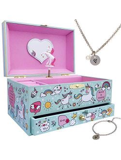 Furry Smile Musical Unicorn Jewelry Box for Girls - Kids Music Box Jewelry Organizer with Drawer Plays You Are My Sunshine with Heart Necklace and Bracelet Set - Girls Je