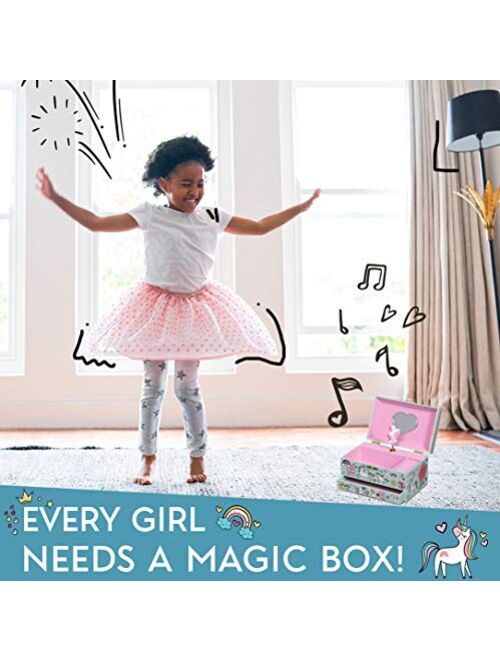 Furry Smile Musical Unicorn Jewelry Box for Girls - Kids Music Box Jewelry Organizer with Drawer Plays You Are My Sunshine with Heart Necklace and Bracelet Set - Girls Je