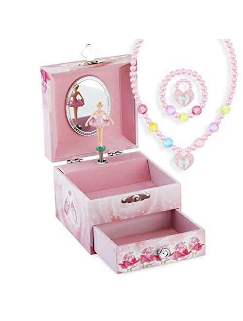 RR ROUND RICH DESIGN Kids Musical Jewelry Box for Girls with Drawer and Jewelry Set with Cute Princess Theme