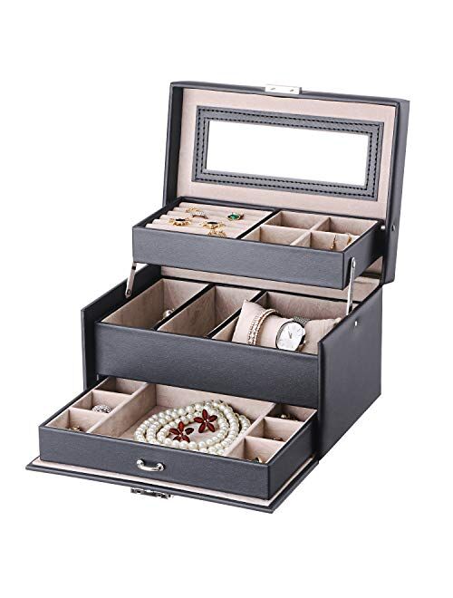 BEWISHOME Girls Jewelry Box Jewelry Organizer with Lock Mirror Jewelry Display Storage Case