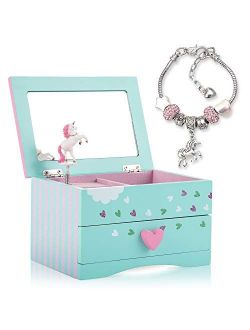 Amitie Lane Unicorn Jewelry Box for Girls - Two Unicorn Gifts for Girls Plus Augmented Reality App (STEM Toy) - Unicorn Music Box and Charm Bracelet