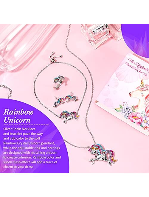 Hicarer Unicorn Jewelry Set for Girls Rainbow Unicorn Necklace Bracelet Earrings and Ring for Women Teen Girls