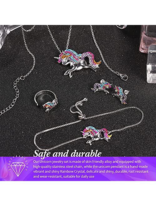 Hicarer Unicorn Jewelry Set for Girls Rainbow Unicorn Necklace Bracelet Earrings and Ring for Women Teen Girls