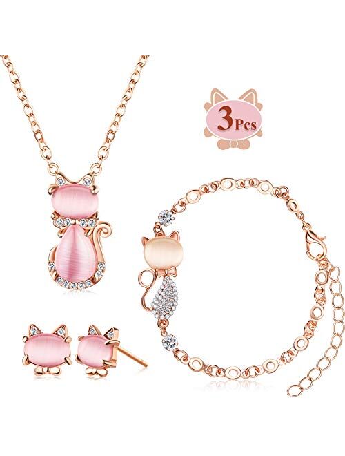Hicarer 3 Pieces Jewelry Set Cat Necklace Pink Opal Pendant Rhinestone Jewelry Bracelet Set Earring Stud for Teen Girls and Women
