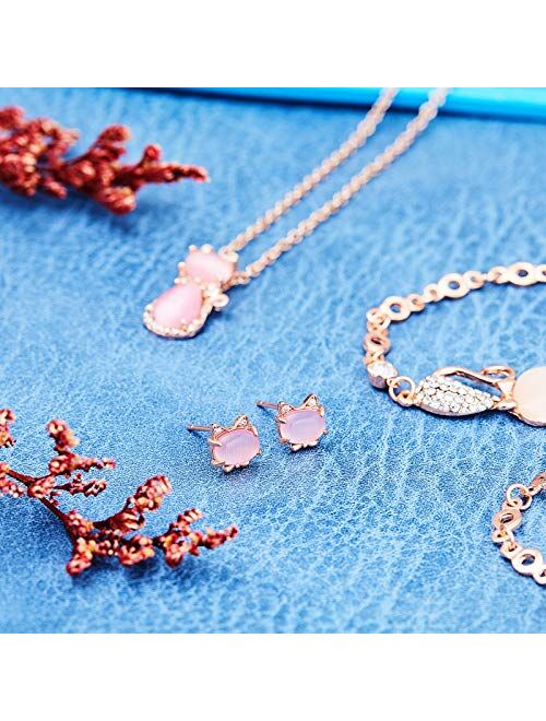 Hicarer 3 Pieces Jewelry Set Cat Necklace Pink Opal Pendant Rhinestone Jewelry Bracelet Set Earring Stud for Teen Girls and Women